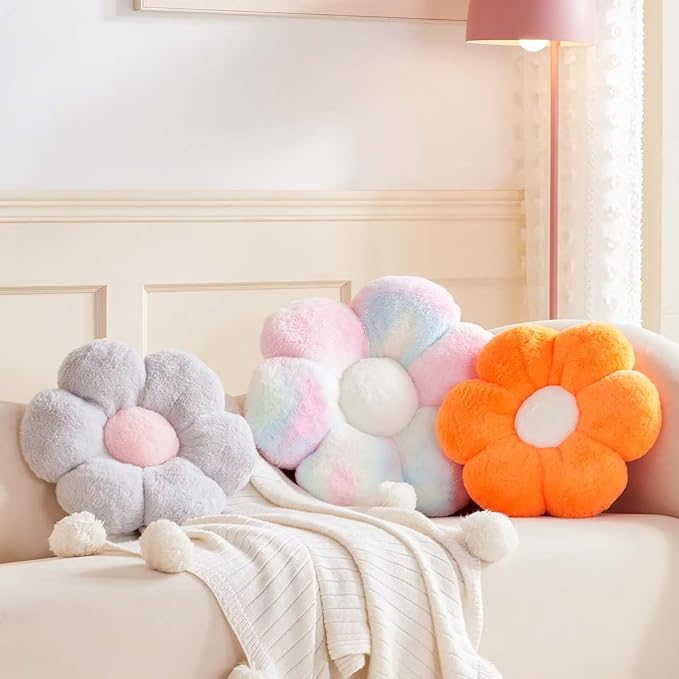 Orange Flower Pillow, Cute Decorative Flower Shaped Throw Pillow with Faux Rabbit Fur, 19.6" Soft Flower Plush Throw Pillow Floor Pillows Room Décor for Bedroom Living Room