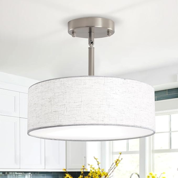 ALISADABOY Brushed Nickel Chandelier Modern Chandeliers Contemporary 3 Light 12.59'' Inch Semi Flush Mount Ceiling Light, with Lampshade, Drum Fixture, for Bedroom, Entryway, Kitchen, Closet, Laundry