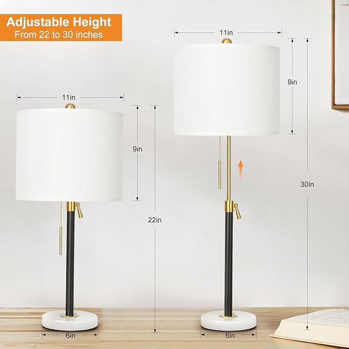 Black and Gold Table Lamps Set of 2: 22" to 30" Height Adjustable Nightstand Lamps with White Linen Shade | Pull Chain Switch | Marble Base - 3 Way Dimmable Beside Lamp for Bedrooms Living Room