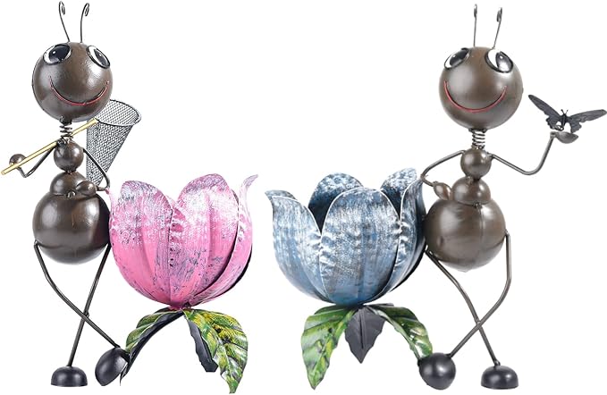 Sungmor 15" Tall Ants Planter, 2PC Pink & Blue Pack, Lovely Ant Statue Metal Flowerpots, Vintage Color Painted Lifelike Decorative Garden Pots, Adorable Animal Plant Pots, Planters for Outdoor Plants