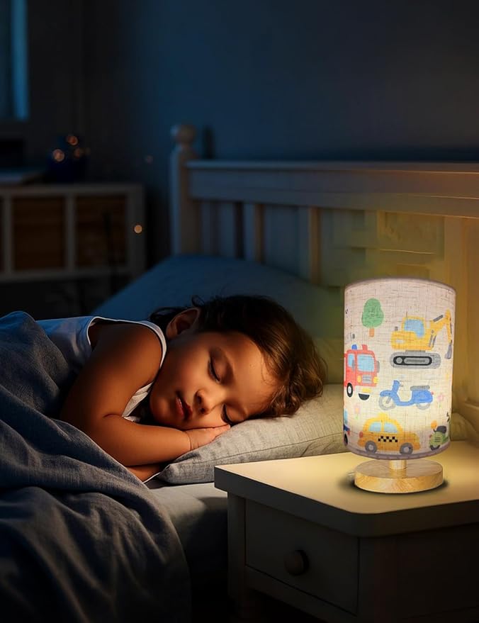 Kids Lamps for Bedrooms Boys, Car Lamp,3 Level Dimmable Wood Nightstand Desk Base Flaxen Fabric Shade for Bedroom Living Room,Car Gifts for Boys (car)