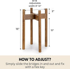 Fox & Fern Adjustable Tall Plant Stand Indoor — 8 to 12 Inch Premium Mid Century Bamboo Plant Stand with Adjustable Width; Plug In Design; Easy to Assemble; Two Heights - For 8, 9, 10, 11 & 12 In Pots