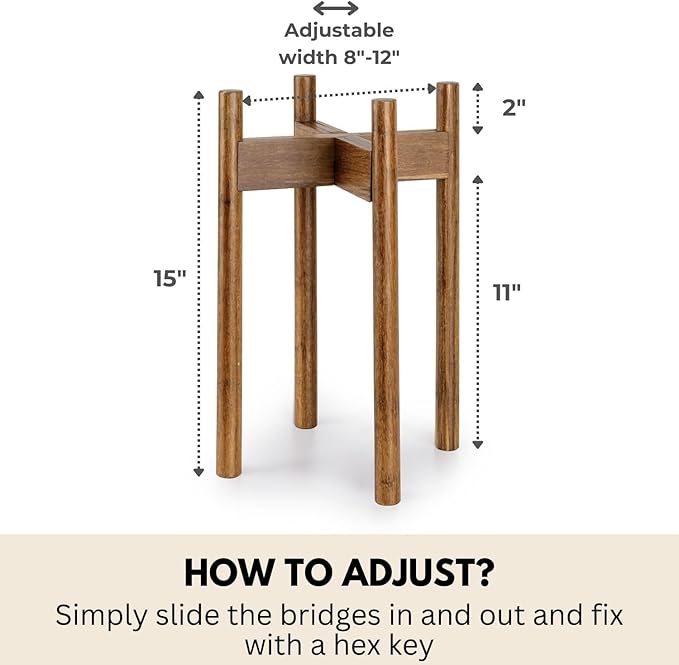 Fox & Fern Adjustable Tall Plant Stand Indoor — 8 to 12 Inch Premium Mid Century Bamboo Plant Stand with Adjustable Width; Plug In Design; Easy to Assemble; Two Heights - For 8, 9, 10, 11 & 12 In Pots