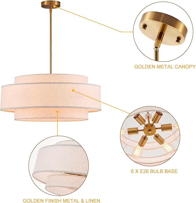 Modern 23.6" Large Drum Chandelier 6-Lights Vintage Modern Chandelier Light Fixture with Linen Shade Retro Farmhouse Drum Chandeliers for Dining Room, Kitchen Island, Living Room, Bedroom