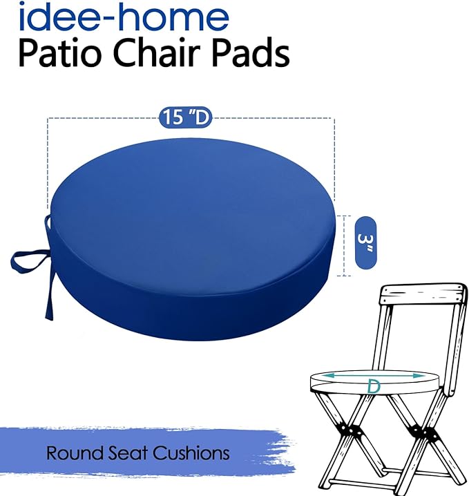 idee-home Outdoor Bistro Chair Cushions, 15”x15”x 3” Thick Outdoor Round Seat Cushions Set of 4 with Ties, Waterproof Round Patio Furniture for Garden