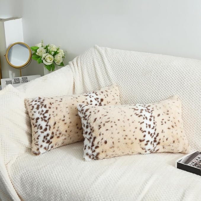Throw Pillows Covers, Fluffy Faux Fur Pillow Case Snow Leopard Cheetah Print Animal Decorative Lumbar Rectangle Cushion Cover for Couch Sofa Bedroom Living Room, 12x20, Beige