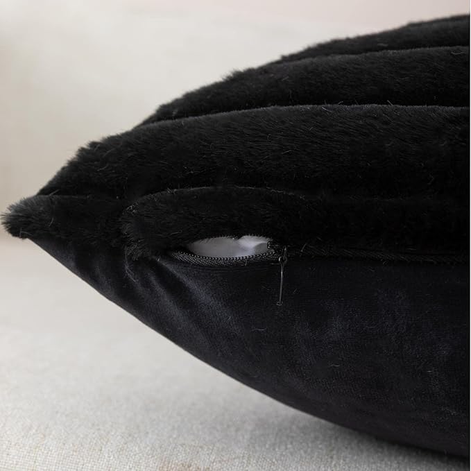 ZLINA Set of 2 Black Faux Fur Decorative Throw Pillow Covers Fluffy Striped Pillowcase Cushion Covers 12 x 20 Inch Decor Sofa Couch Bedroom