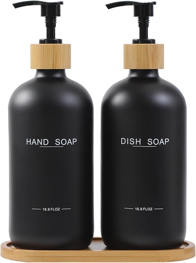 Black Soap Dispenser, Hand Soap, and Dish Soap Dispenser Set Suitable for Kitchen Counter Decor. (Black)