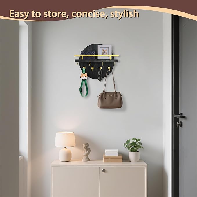 Key Holder Wall Mount with Shelf and Hooks, 11.8 Inch Entryway Gold Key Rack Hanger, Rustic Key Holder for Wall Decor