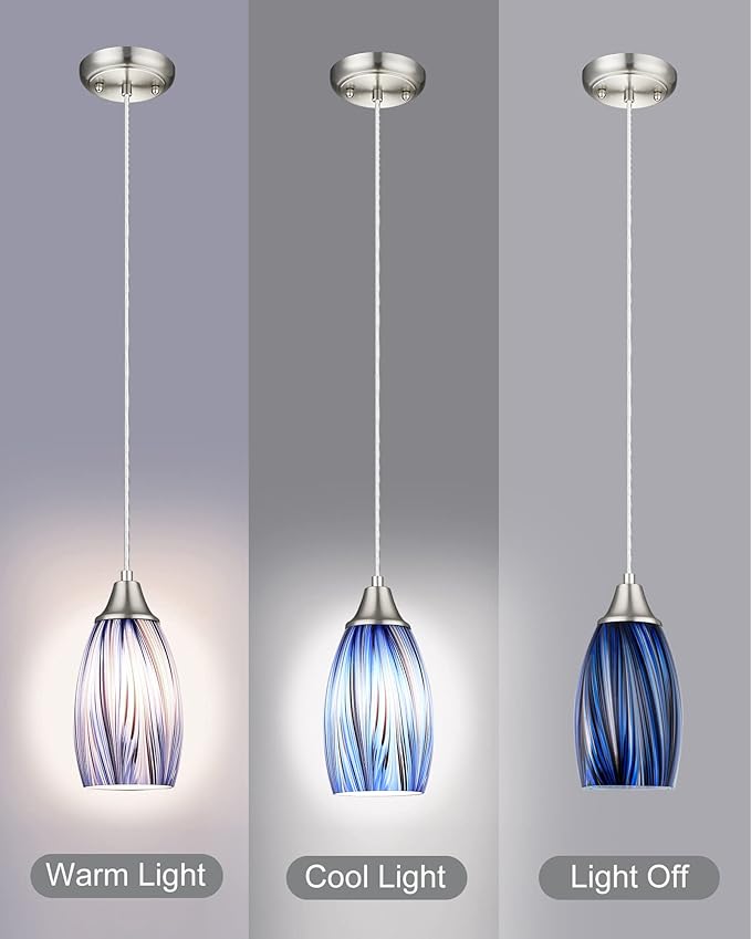 Dark Blue Glass Mini Pendant Lights for Kitchen Island 3Pack Blown Art Glass Pendant Lighting Shade Hanging Pendant Lights with Brushed Nickel Finish for Kitchen Over Sink,Dining Room