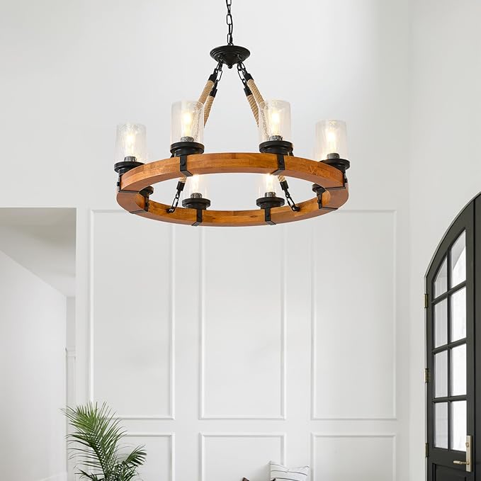 8 Light Rustic Wagon Wheel Chandelier, 32'' Wooden Pendant Light with Seeded Glass Shade, Industrial Chandeliers for Dining Room Kitchen Island Foyer (Solid One-Piece Wood Frame Design)