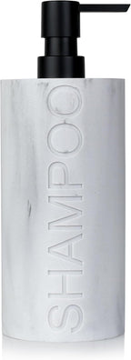 Matte White Shampoo Dispenser Modern Refillable Pump Bottle with Embossed Text, Durable Resin Construction for Bathroom and Kitchen