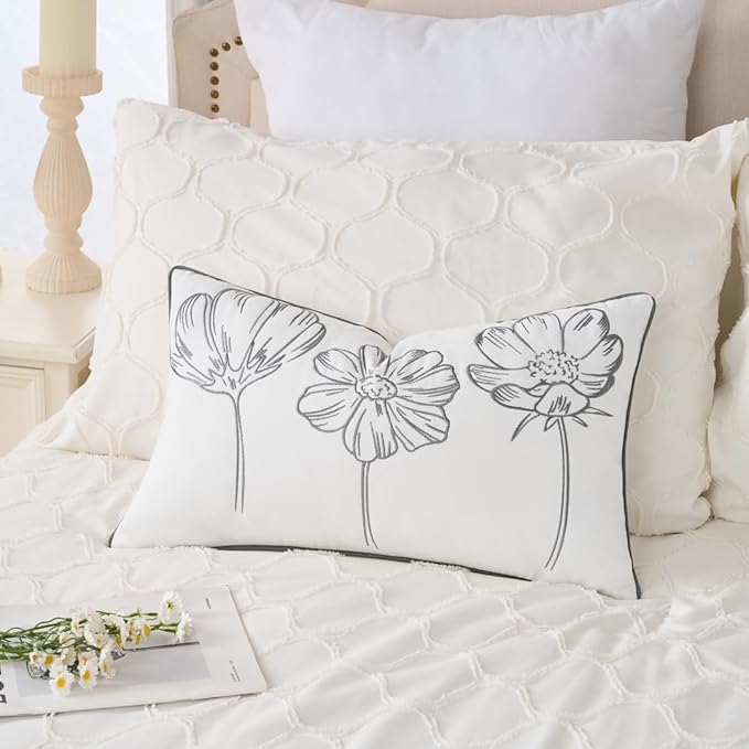 Sunkifover Decorative Lumbar Pillow Cover 14x24 Inch Grey and White Cotton Embroidery Cute Flower Throw Pillowcase Cushion Cover for Bed Bedroom, Living Room, Sofa