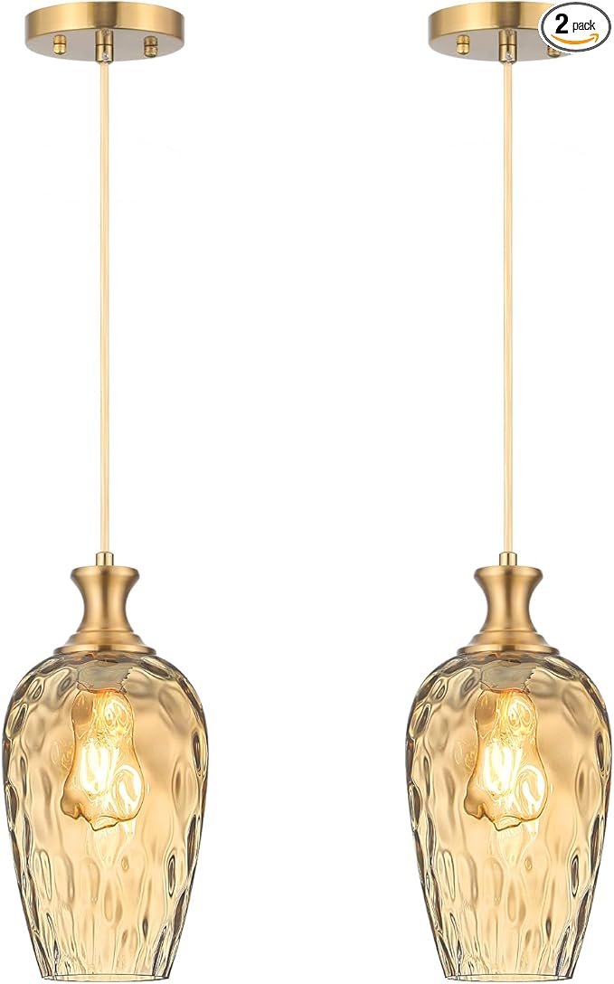 Glass Pendant Lights Kitchen Island 2 Pack, Gold Vintage Pendant Light Fixtures with Hand-Blown Hammered Amber Glass, Farmhouse Modern Brass Hanging Light for Kitchen Sink Dining Room Bedroom