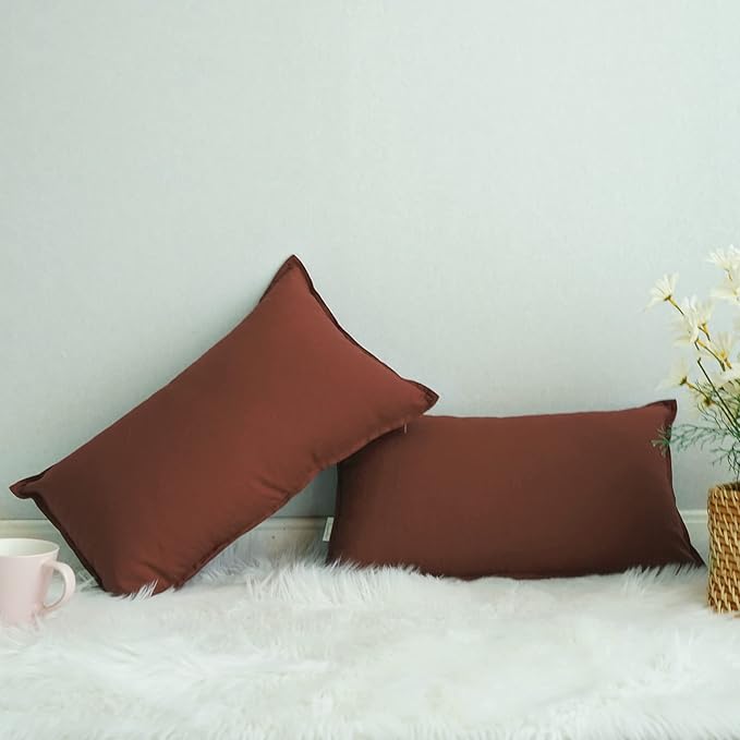 Jeanerlor Natural Cotton Linen Green Decorative 12"x20" Throw Pillow Case Cushion Cover with Twin Needles Stitch on Edge for Lumbar, (30 x 50cm), 2 Pcs, Reddish Brown