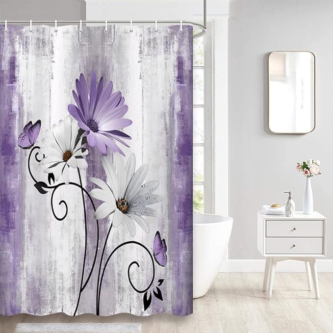 Rustic Farmhouse Shower Curtain, Farm Purple Daisy Floral Flowers and Butterfly on Country Wooden Shower Curtain for Bathroom, Violet Grey Bathroom Shower Curtains with 8PCS Hooks, 47X64IN