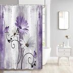 Rustic Farmhouse Shower Curtain, Farm Purple Daisy Floral Flowers and Butterfly on Country Wooden Shower Curtain for Bathroom, Violet Grey Bathroom Shower Curtains with 8PCS Hooks, 47X64IN