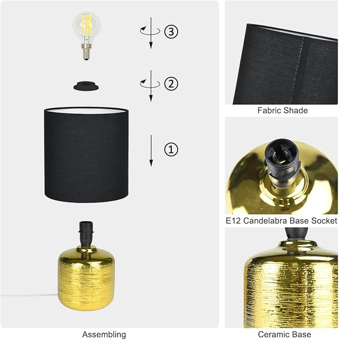 Lampwell Beno Small Table Lamp for Living Room as Bedside Table Lamp for Bedroom,Modern Ceramic Table Lamp,Kids Table Lamp,Night Table Lamp,Φ6.3×H11.81IN,Bulb Excluded,Black Gold Table Lamp