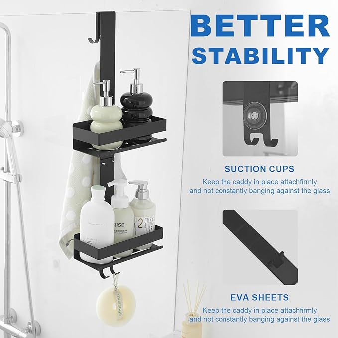 Shower Caddy Over Door Black - 2 Tier Haning Shower Caddy Shelf Rack, Stainless Steel Shower Organizer No Drilling Bath Shower Storage