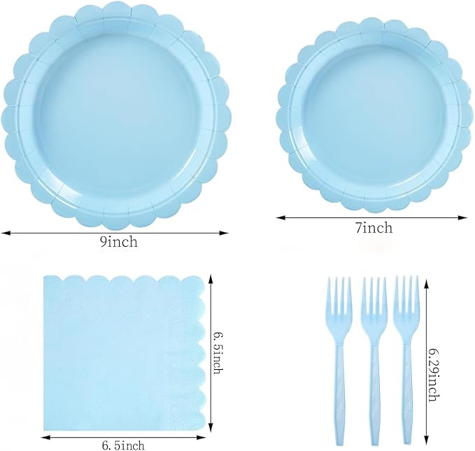 Sky Blue Disposable Dinnerware Set for 16 – 69 Pieces Party Plates, Napkins, Tablecloth & Forks – Elegant Flower Edge Design for Wedding, Picnic, Outdoor or Themed Events