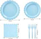 Sky Blue Disposable Dinnerware Set for 16 – 69 Pieces Party Plates, Napkins, Tablecloth & Forks – Elegant Flower Edge Design for Wedding, Picnic, Outdoor or Themed Events