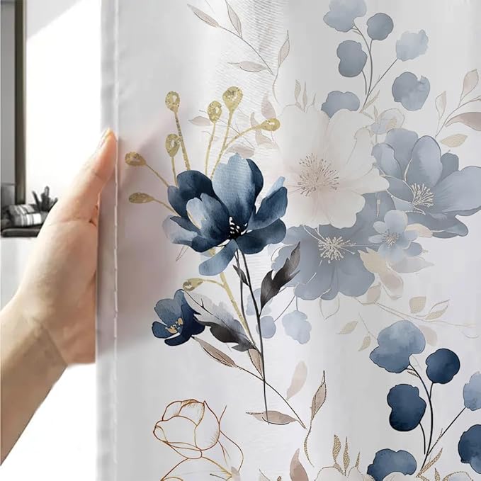 Sanzugh Navy Blue and Gold Flower Shower Curtain, Boho Watercolor Floral Leaves Cute Fabric Shower Curtains Set for Bathroom Decorative with Hooks 72 X 72 inch Beautiful Bath Decor