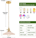 Pendant Light with Pink Pleated Ceramic Lmapshade, Brass Vintage Pendant Light Adjustable Hanging Light for Kitchen Island Dining Room Hallway