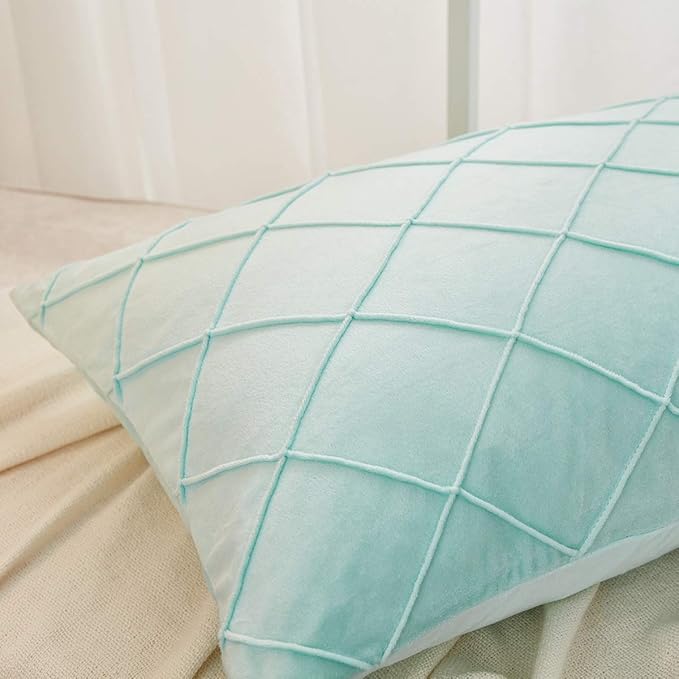 JAUXIO Diamond Pinch Pleated Crystal Velvet Pillowcases 2 Pack Solid Pintuck Throw Cushion Cover for Home Decor Hidden Zipper Closure (Mint Aqua, King)