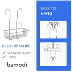 Bamodi Shower Caddy Hanging Stainless Steel | Rustproof Hanging Basket with Hooks-Shower Shelf Bathroom Accessory with Silicone Sleeves and Rubber Rings for Noise Cancelling (15.7x 9.8x 5 Inches)