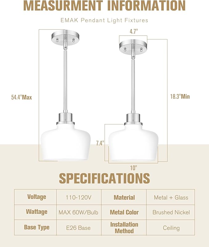 Emak Brushed Nickel Pendant Light Fixtures, Modern Pendant Lights Kitchen Island with Milk Glass Shade, 10 Inch Large Island Lights for Kitchen, Dining Room, Bathroom, PL126-BN-ML