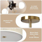 Rattan Ceiling Light Fixture, 13" Woven Drum Flush Mount Light with Gold Finish, 3-Light Boho Wicker Ceiling Lighting for Bedroom, Living Room, Farmhouse, Modern Room Decor