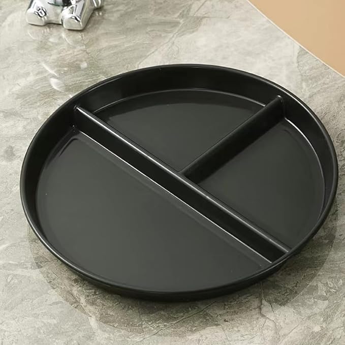 (5 Pack) Portion Control Plate for Balanced Eating, 9" Unbreakable Divided Plates,3 Compartment Round Plates, Reusable Plastic Plates, BPA Free for Kids Adults Bariatric Diet (Black)