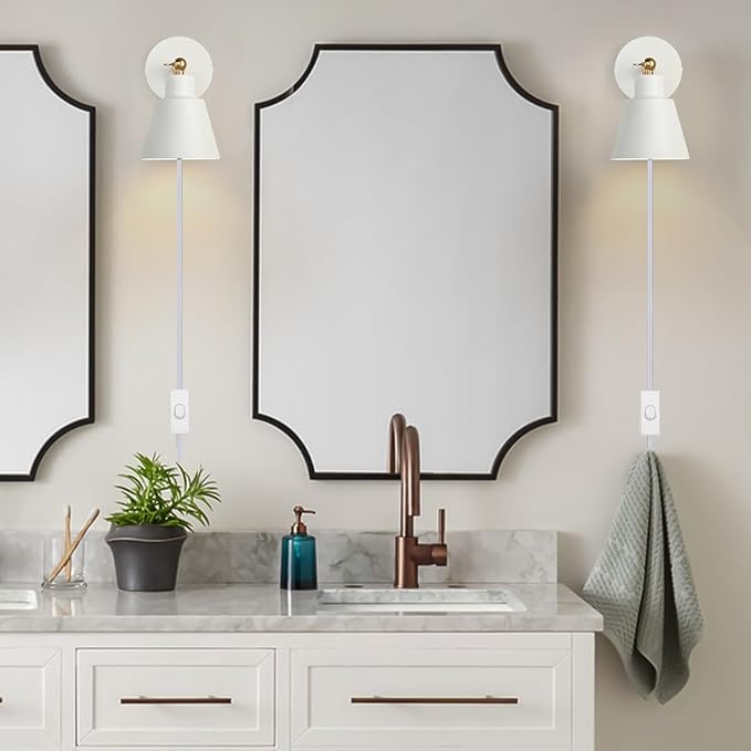 ClanKin Wall Sconces Lighting Fixture, Bedside Wall lamp for Industrial Bedroom, Bathroom Sink Lighting for Bedroom Hallway Living Room(1Pack-White with Plug in Swtich Cord)