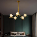 Gold Modern Chandelier with 5 Glass Globe Bulbs -Adjustable Height & Colour Temperature, Gilded lamp Post, Elegant Lighting for Living Room, Bedroom or Study