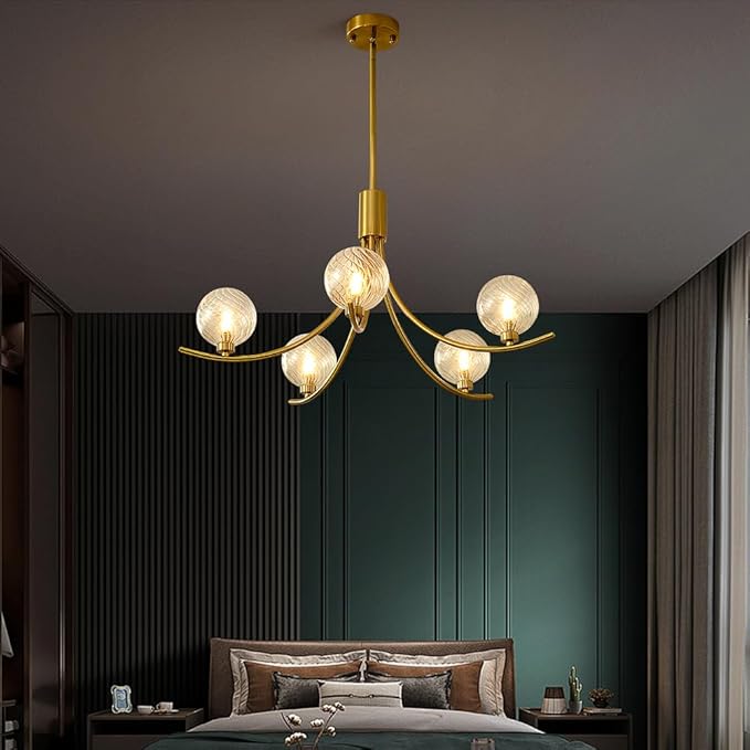 Gold Modern Chandelier with 5 Glass Globe Bulbs -Adjustable Height & Colour Temperature, Gilded lamp Post, Elegant Lighting for Living Room, Bedroom or Study