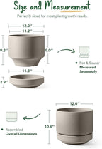 LE TAUCI 12 Inch Pots for Plants with Saucer | Ceramic Outdoor & Indoor Planter Pot for Plants | Drainage Hole, Mesh Pad & Plug | Unglazed Porous | Modern for Home, Office and Patio – Neutral Gray