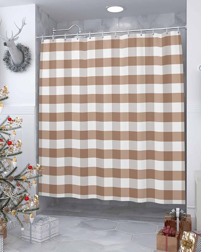 Vandarllin Rustic Brown White Buffalo Check Plaid Pattern Shower Curtain, Farmhouse Shower Curtains Set with Hooks, Waterproof Fabric Bathroom Curtains Decor Home Accessories,72X 96 Inch Extra Long