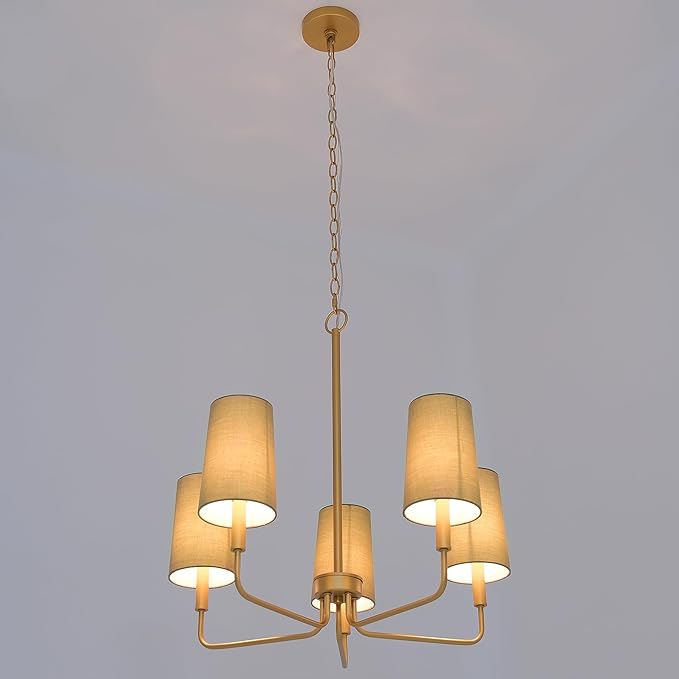 Chandelier, Gold with Muted Green Linen Fabric Shade, Farmhouse Linear Island Lighting Fixture for Kitchen, Dining Room