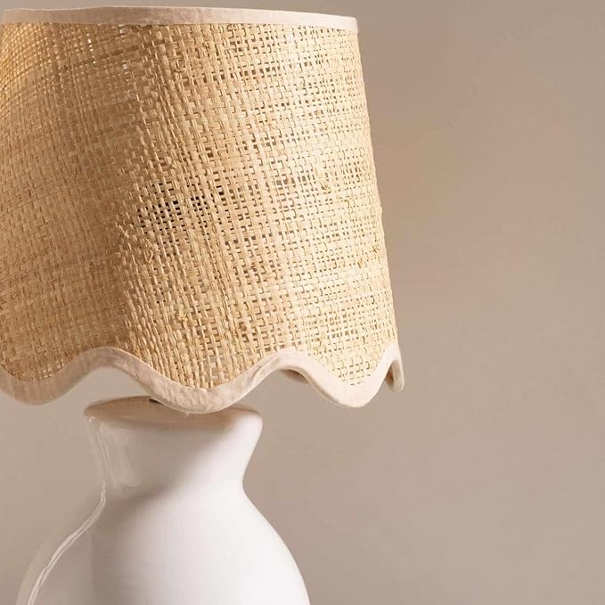 BoutiqueRugs Liliac Boho Ceramic and Jute Bedside Table Lamp for Bedroom Nightstand - End Side Lighting for Living Room - Shade Rattan - White, Beige - 15" H