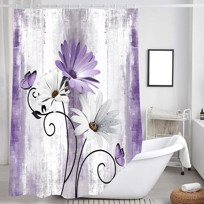 Rustic Farmhouse Shower Curtain, Farm Teal Daisy Floral Flowers and Butterfly on Country Wooden Shower Curtain for Bathroom, Turquoise Blue Bathroom Shower Curtains with 6PCS Hooks, 36X70IN