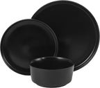 Gibson Home Dempsey Road 12-Piece Stoneware Dinnerware Set – Service for 4, Round Black Plates and Bowls, Durable Solid Color Modern Embossed Dish Set, Microwave & Dishwasher Safe