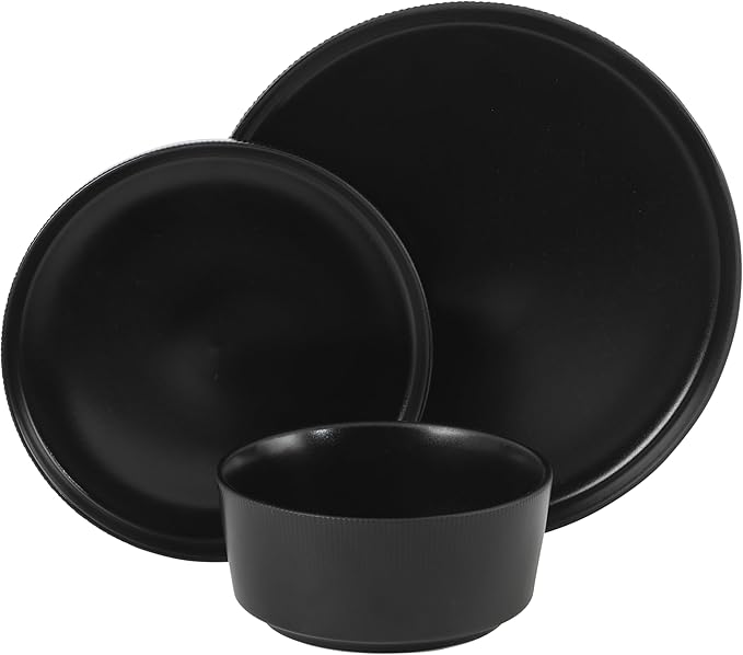 Gibson Home Dempsey Road 12-Piece Stoneware Dinnerware Set – Service for 4, Round Black Plates and Bowls, Durable Solid Color Modern Embossed Dish Set, Microwave & Dishwasher Safe