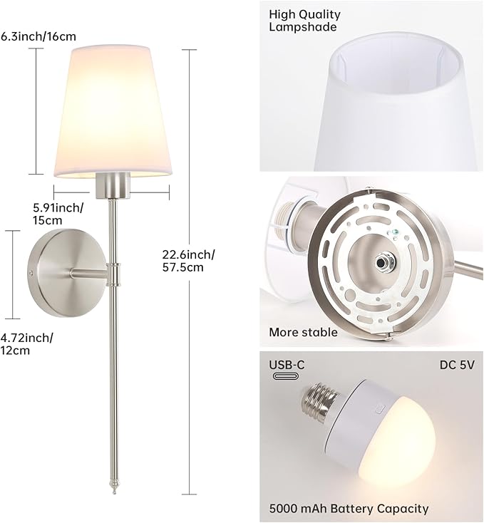 Battery Operated Wall Sconce, 120H Usage Time 22.6" Rechargeable Wall Light with Dimmable Bulb, 12 Colors Wall Sconce for Bedroom Living Room, Silver