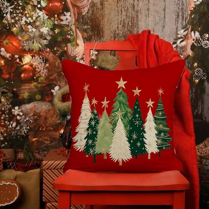 RABUSOFA Christmas Tree Pillow Covers 18x18 Inch,Watercolor Xmas Winter Decor Stars Red Holiday Cushion Case Decoration for Home Sofa Couch(Red, 18" x 18" (Pack of 1))