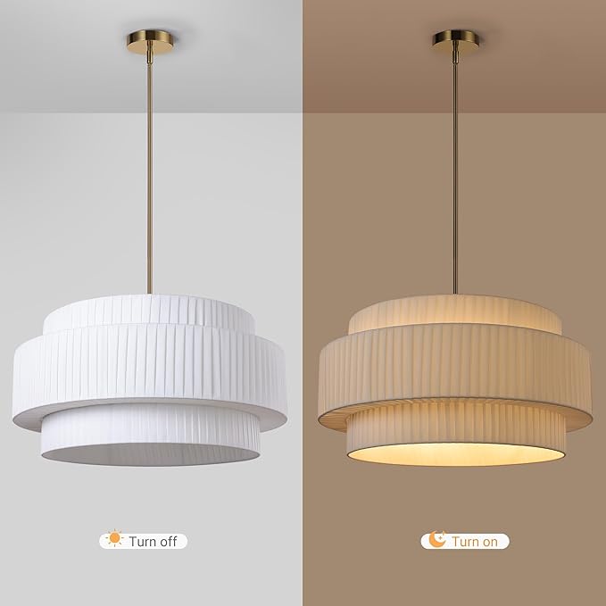 LamQee 23.6inch Fabric Drum Chandelier, 3-Tier Farmhouse Fabric Dining Light Fixture Gold Ceiling Semi Flush Mount Pendant Light for Dining Room Living Room Kitchen Island Foyer