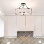XiNBEi Lighting Semi Flush Mount Ceiling Light 18 inch 3 Light Close to Ceiling Light with Fabric Shade and Glass Diffuser, Brushed Nickel Drum Semi Flush Light for Dinning & Bedroom XB-SF1199-BN