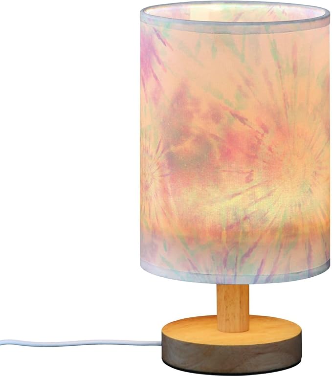 Table Lamp Pastel Pink Tie Dye Swirl Print Nightstand Lamp with Wood Base Fabric Lamp Shade Bedside Desk Lamp for Living Room Bedroom Kids Room Office