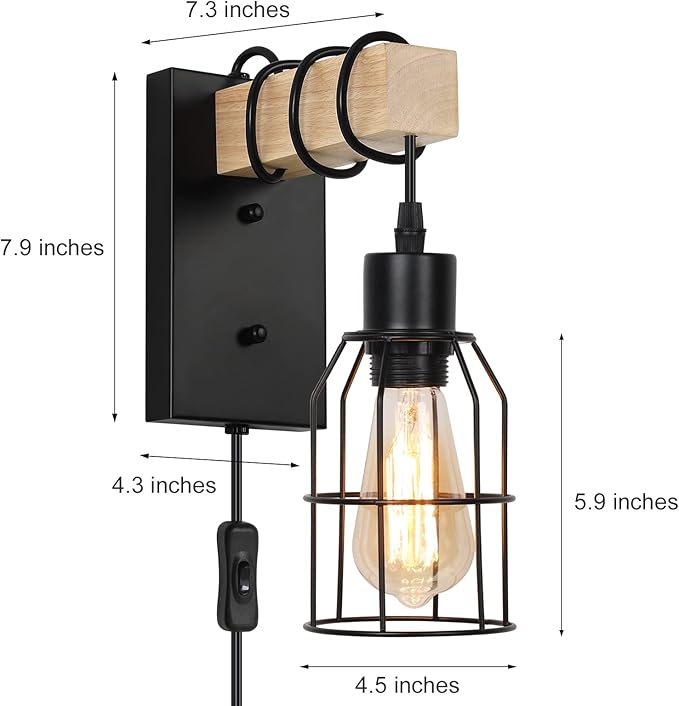 Wall Sconces Set of 2, Wall Lamp with Plug in Cord with Metal Cage Lampshade, Wall Lights with Solid Wood for Bedroom Living Room Garage Porch