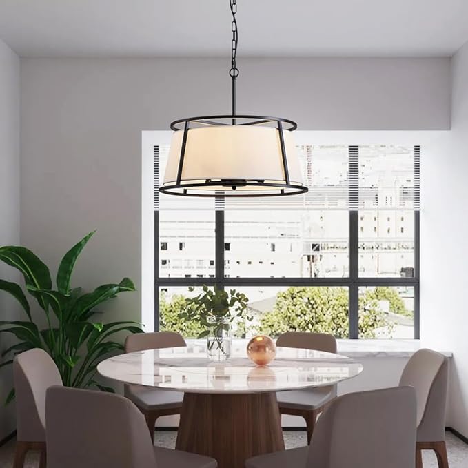 Shrine Lighting Drum Chandeliers, Modern Style, Perfect Pendant Light Fixture for Dining Room, Living Room, D20'' x H9'', Adjustable Chains 59'', E12*4 Sockets, White Lampshade & Black Finish Frame