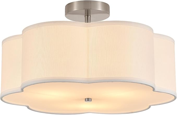 18" Modern Semi Flush Mount Ceiling Light Modern 3-Lights Linen Drum Ceiling Lighting with Chrome Finish, Vintage Ceiling Light for Living Room, Kitchen, Basement, Laundry Room, Bedroom